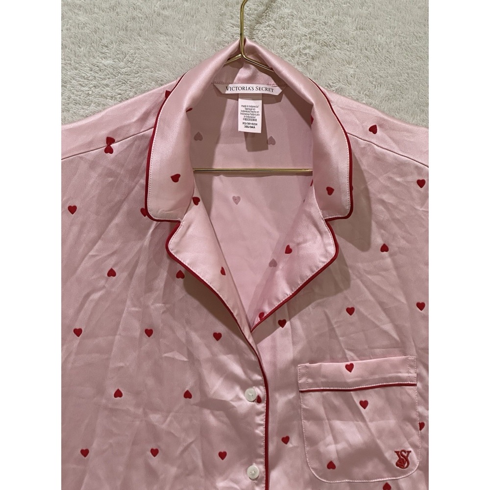 Victoria's Secret Womens Pajama Top XS Pink Heart V Neck PJ‎ Shirt Valentine
